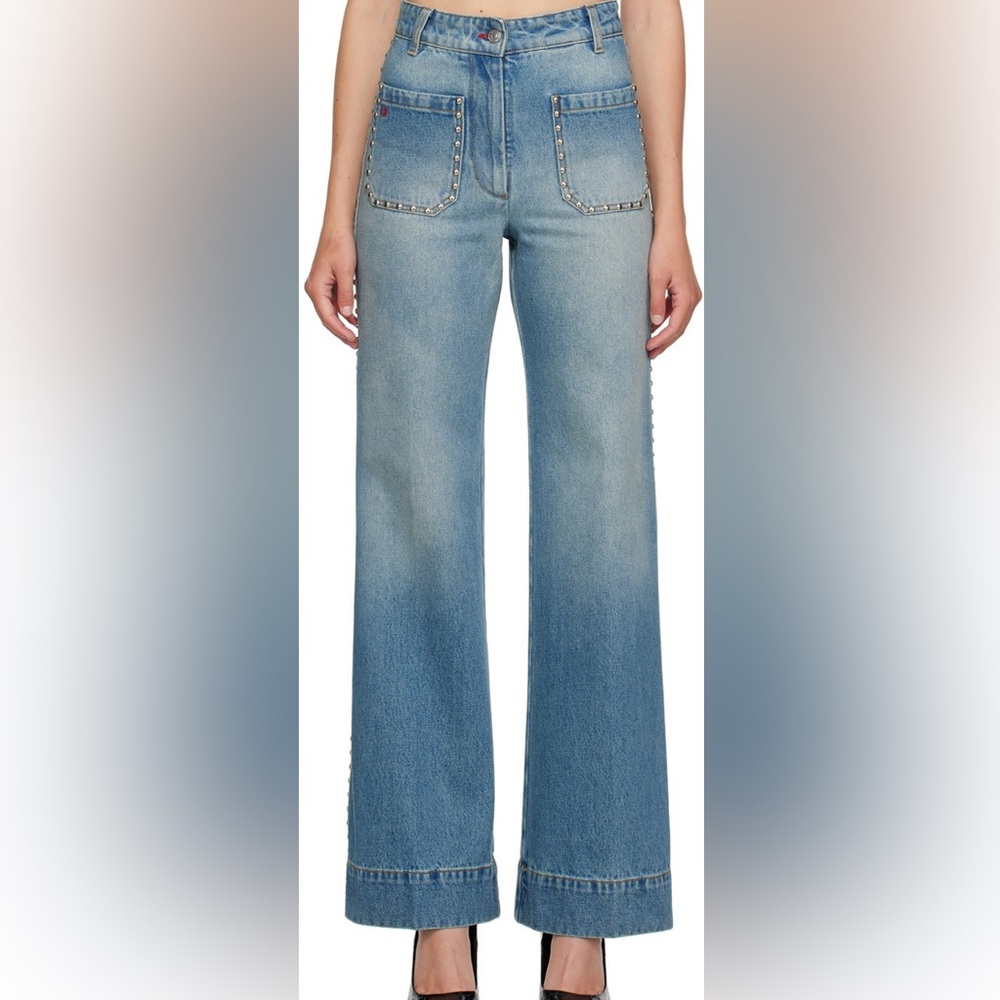 Victoria Beckham Alina Jean Wide Leg Mid Vintage Wash Studded Denim